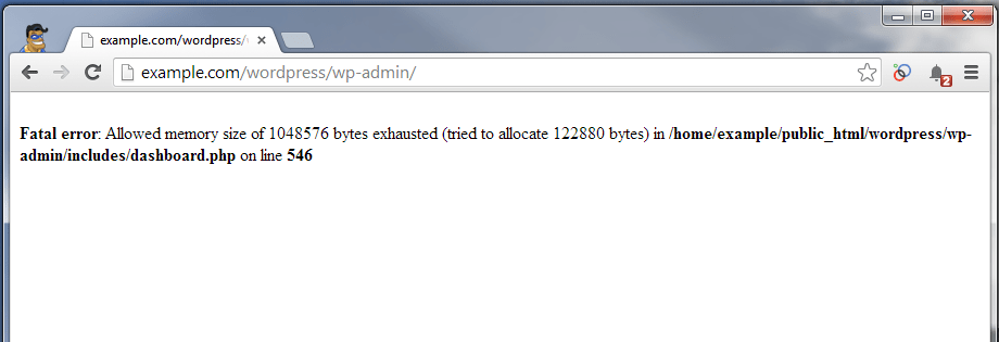 wordpress dashboard showing memory error